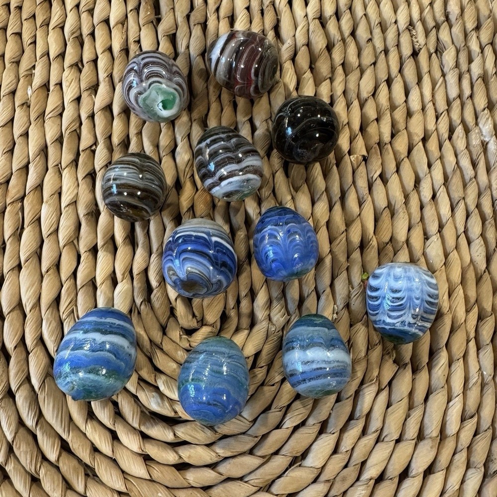 Vintage Egg Shaped Hand Made ‎ Marbles Ribbon Design Large Marbles Lot Of 11